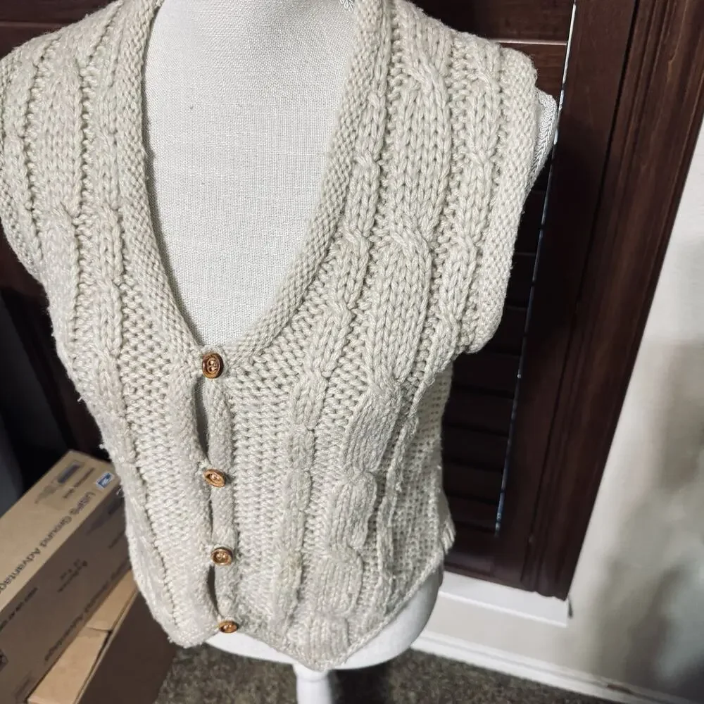 Vintage 80s Beige Sweater Vest Women’s Large Button Front Cable Knit - Picture 2 of 6